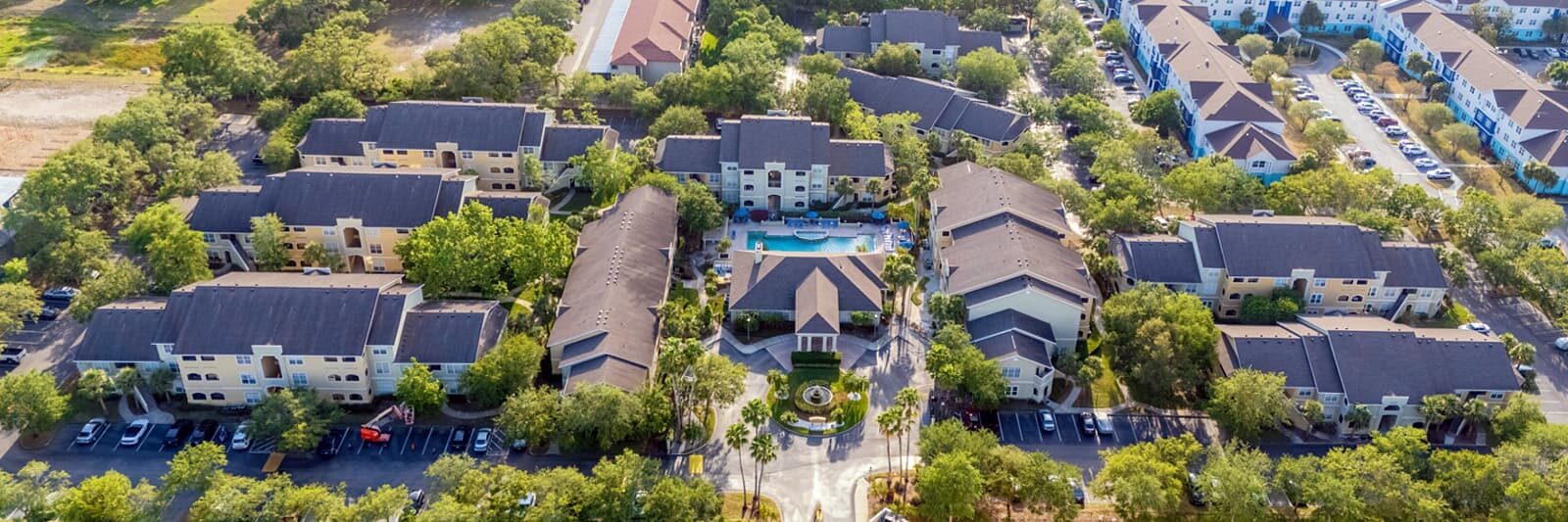 Aerial view of Avalon at Clearwater gated community and pool area