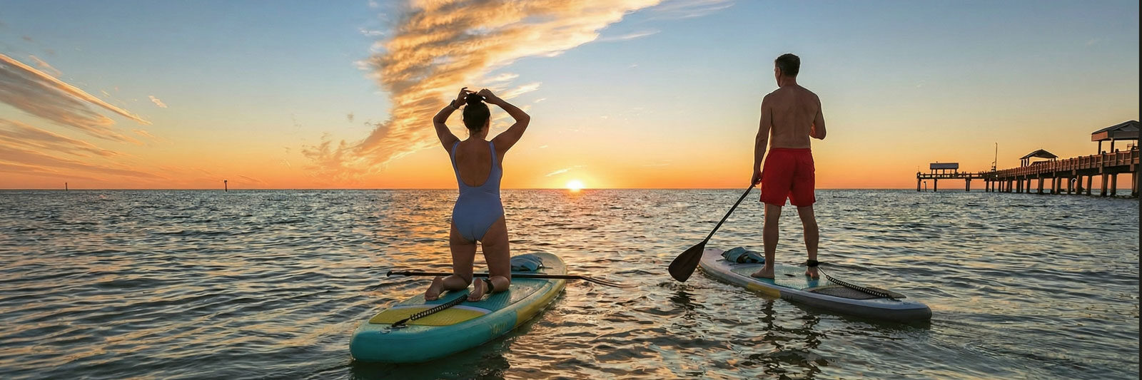 People paddleboarding near Clearwater at sunset