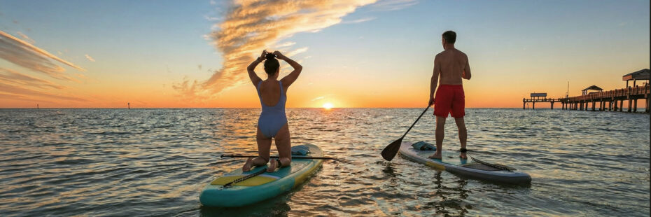 People paddleboarding near Clearwater at sunset
