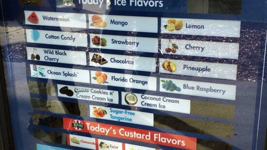 The menu options, including the Italian ice flavors and custards.